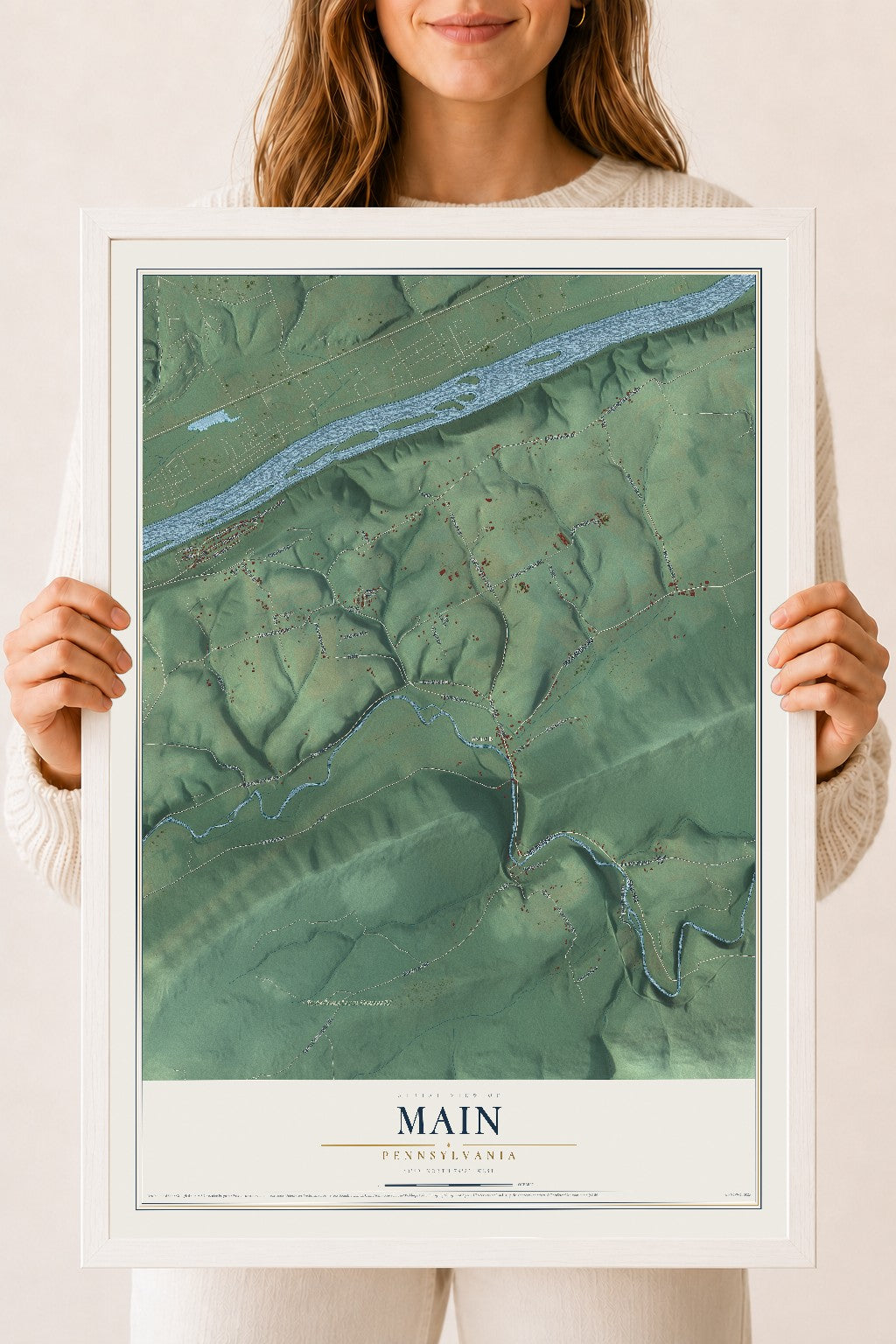 Map of Main, Pennsylvania, 18 x 24 inch print in a white wood frame