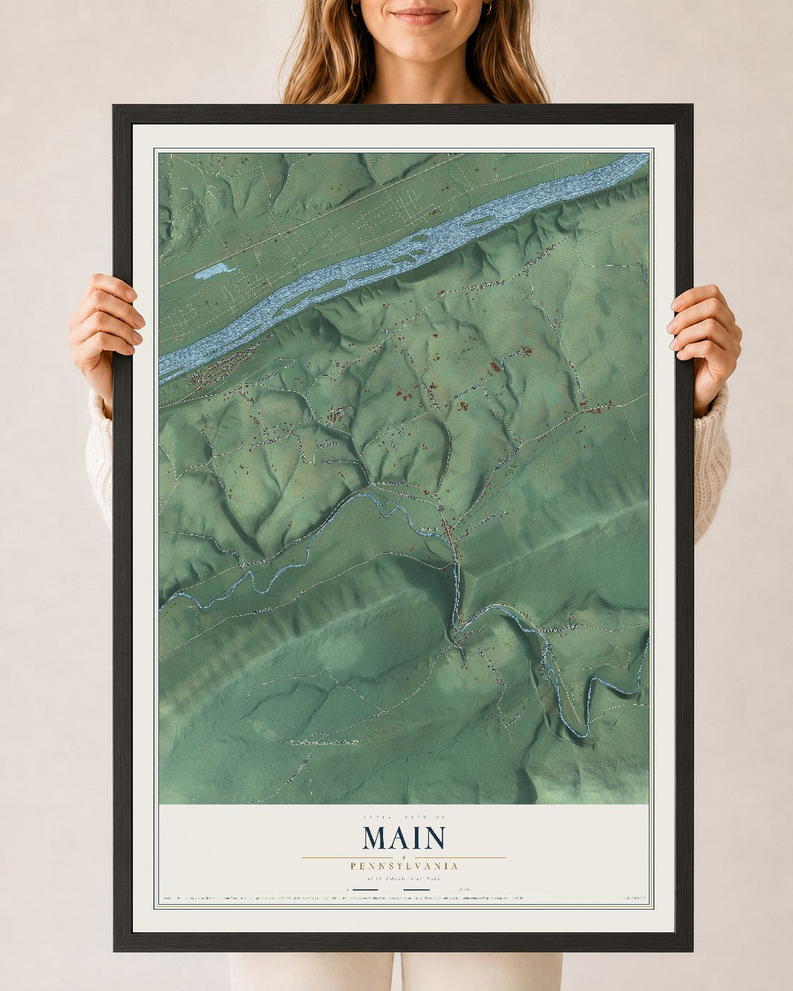 Map of Main, Pennsylvania, 24 x 36 inch print in a black wood frame