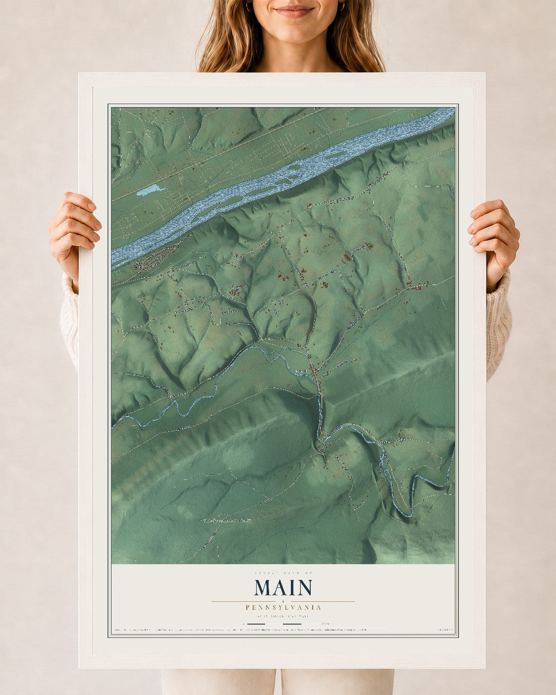 Map of Main, Pennsylvania, 24 x 36 inch print in a white wood frame