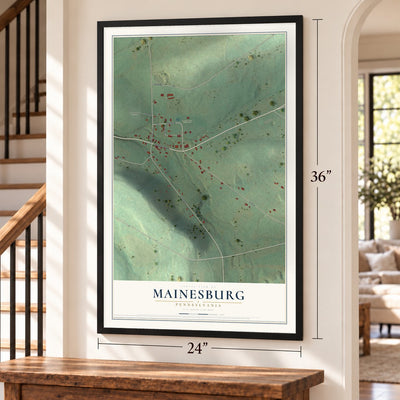 Mainesburg, Pennsylvania map, 24 x 36 inch print in a black frame by a staircase