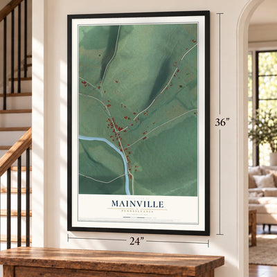 Mainville, Pennsylvania map, 24 x 36 inch print in a black frame by a staircase