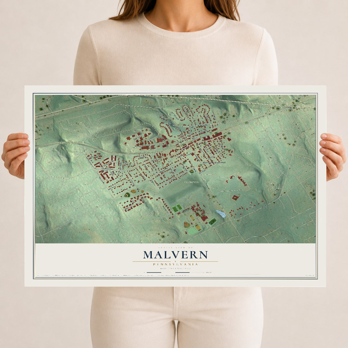 Map of Malvern, Pennsylvania, 12 x 18 inch unframed archival matte print