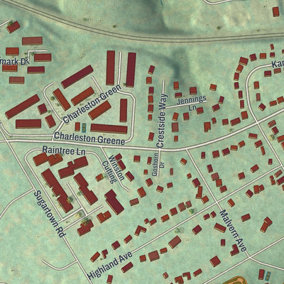 Second close-up of the map of Malvern, Pennsylvania print showing more streets and buildings