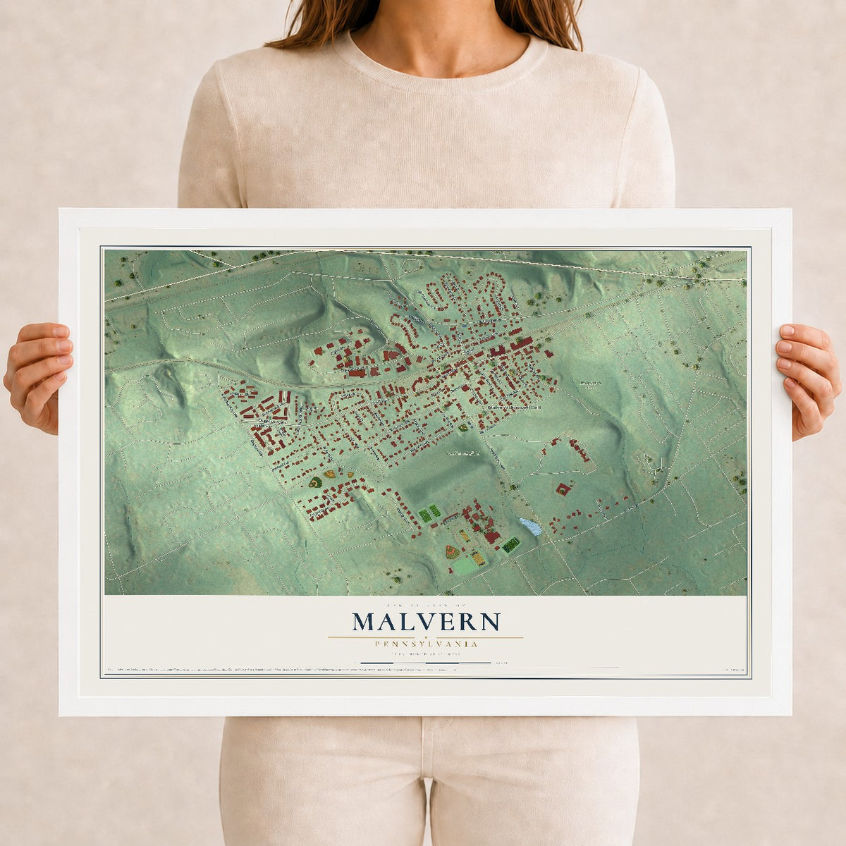 Map of Malvern, Pennsylvania, 12 x 18 inch print in a white wood frame