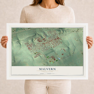Map of Malvern, Pennsylvania, 12 x 18 inch print in a white wood frame