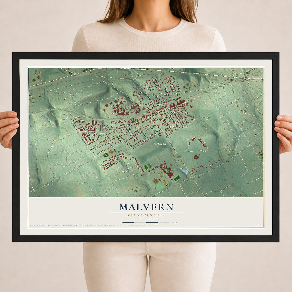 Map of Malvern, Pennsylvania, 18 x 24 inch print in a black wood frame