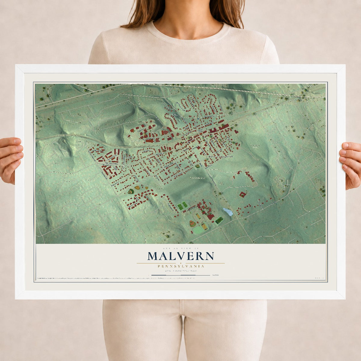 Map of Malvern, Pennsylvania, 18 x 24 inch print in a white wood frame