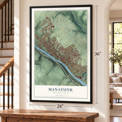 Manayunk, Pennsylvania map, 24 x 36 inch print in a black frame by a staircase
