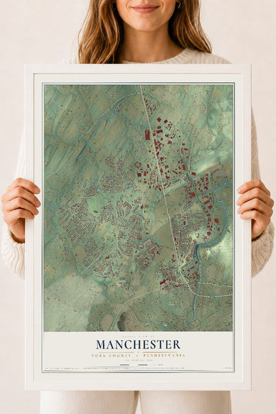 Map of Manchester, York County, Pennsylvania, 18 x 24 inch print in a white wood frame