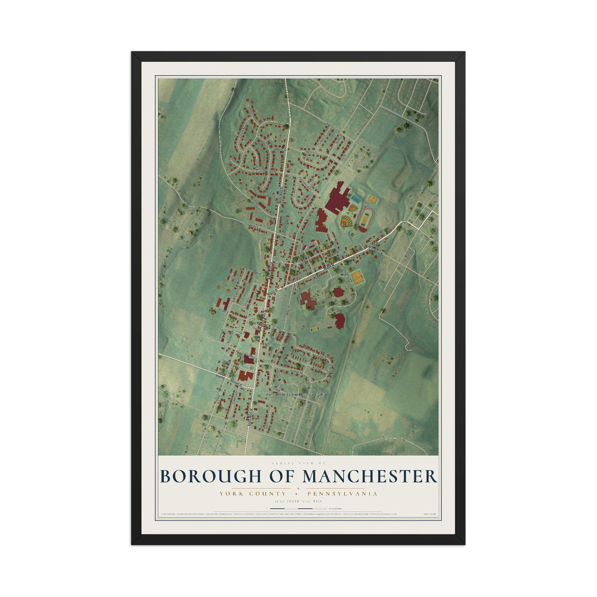 Map of the Borough of Manchester, York County, Pennsylvania, 12 x 18 inch print in a black wood frame