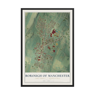 Map of the Borough of Manchester, York County, Pennsylvania, 12 x 18 inch print in a black wood frame