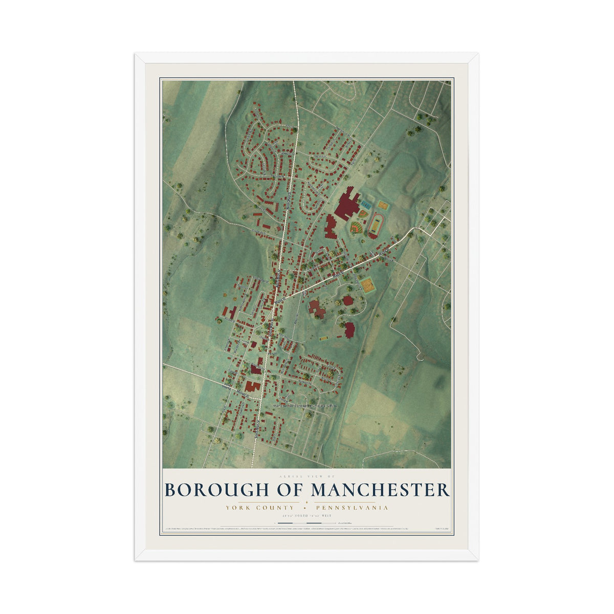 Map of the Borough of Manchester, York County, Pennsylvania, 12 x 18 inch print in a white wood frame