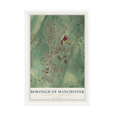 Map of the Borough of Manchester, York County, Pennsylvania, 12 x 18 inch print in a white wood frame