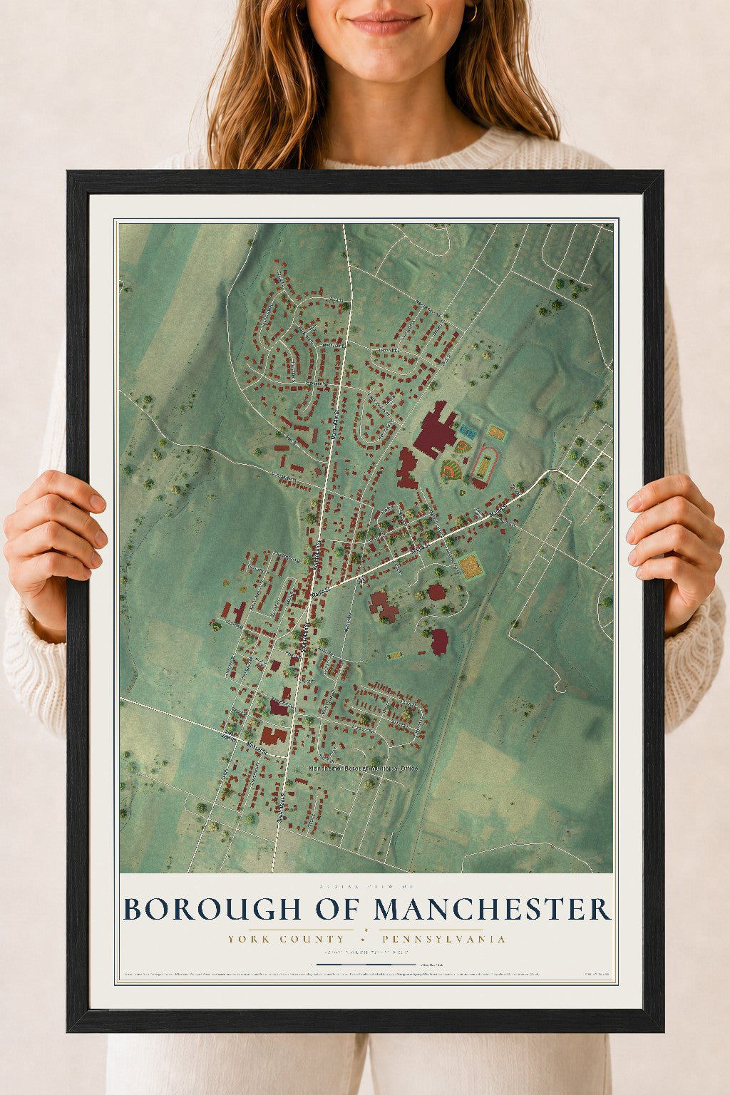 Map of the Borough of Manchester, York County, Pennsylvania, 18 x 24 inch print in a black wood frame