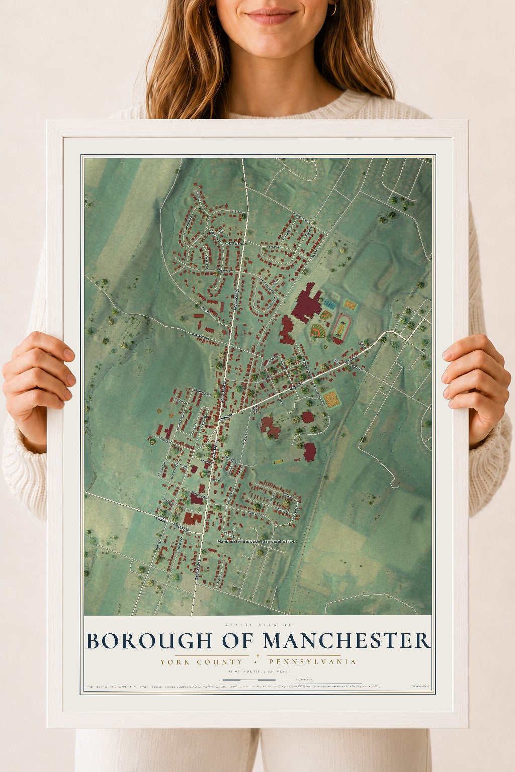 Map of the Borough of Manchester, York County, Pennsylvania, 18 x 24 inch print in a white wood frame