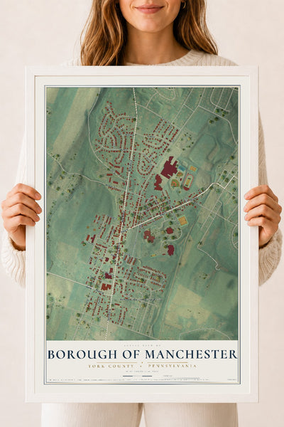 Map of the Borough of Manchester, York County, Pennsylvania, 18 x 24 inch print in a white wood frame