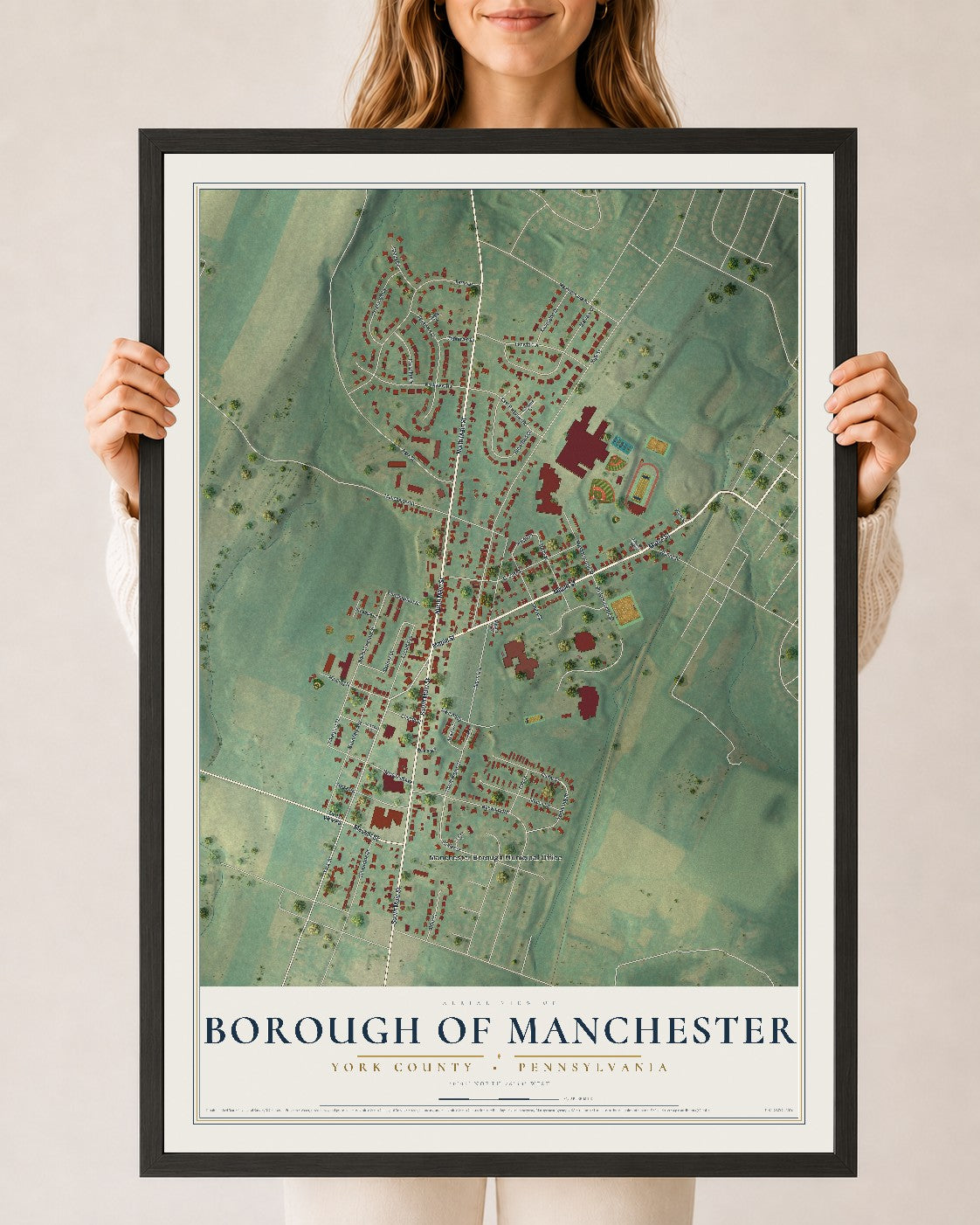 Map of the Borough of Manchester, York County, Pennsylvania, 24 x 36 inch print in a black wood frame