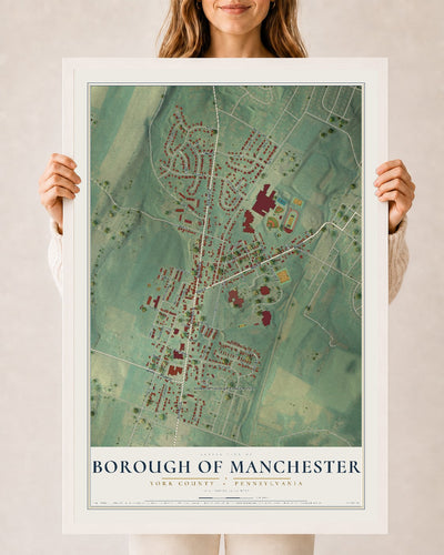 Map of the Borough of Manchester, York County, Pennsylvania, 24 x 36 inch print in a white wood frame