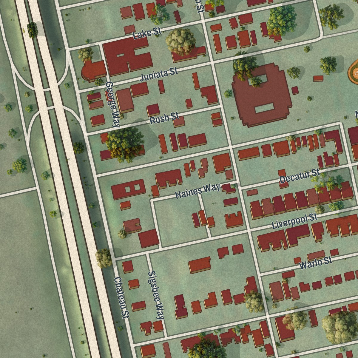 Close-up of the map of Manchester, Pennsylvania print showing street and building detail