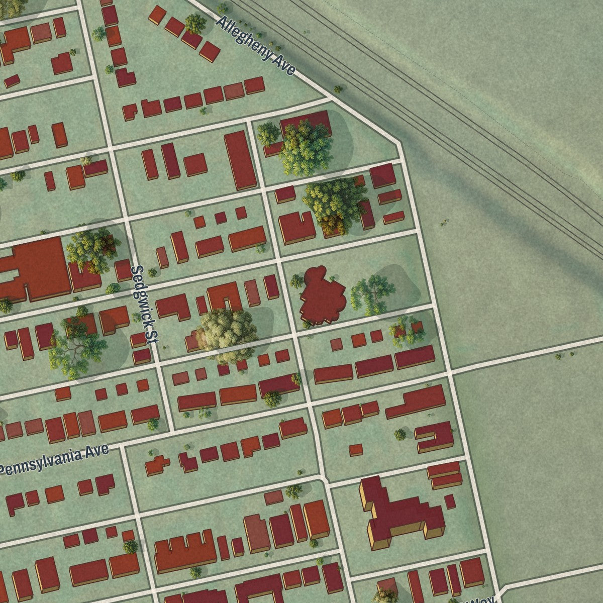 Second close-up of the map of Manchester, Pennsylvania print showing more streets and buildings