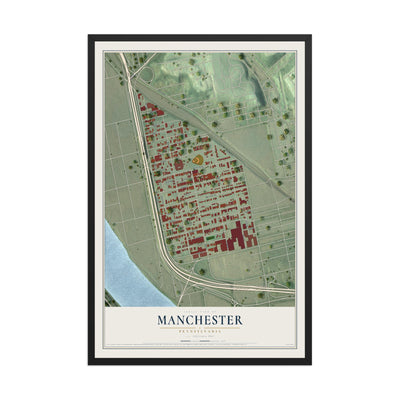 Map of Manchester, Pennsylvania, 12 x 18 inch print in a black wood frame