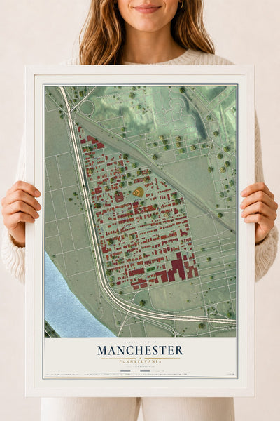 Map of Manchester, Pennsylvania, 18 x 24 inch print in a white wood frame