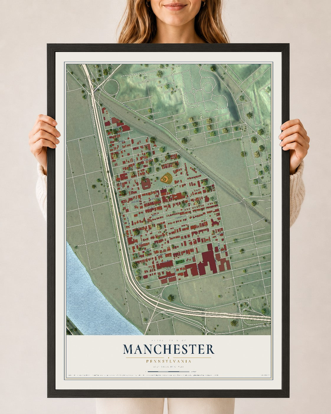 Map of Manchester, Pennsylvania, 24 x 36 inch print in a black wood frame