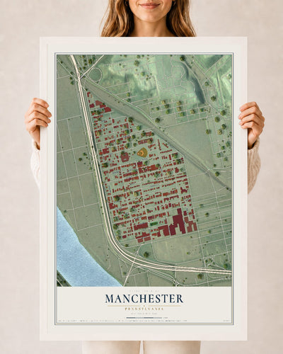 Map of Manchester, Pennsylvania, 24 x 36 inch print in a white wood frame