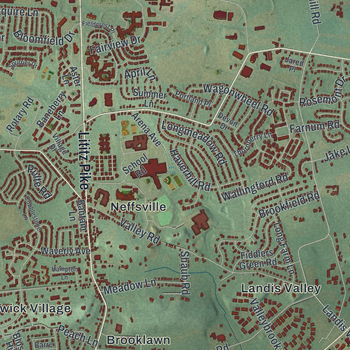 Second close-up of the map of Manheim, Lancaster County, Pennsylvania print showing more streets and buildings
