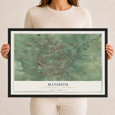 Map of Manheim, Lancaster County, Pennsylvania, 12 x 18 inch print in a black wood frame