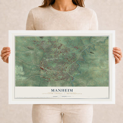 Map of Manheim, Lancaster County, Pennsylvania, 12 x 18 inch print in a white wood frame
