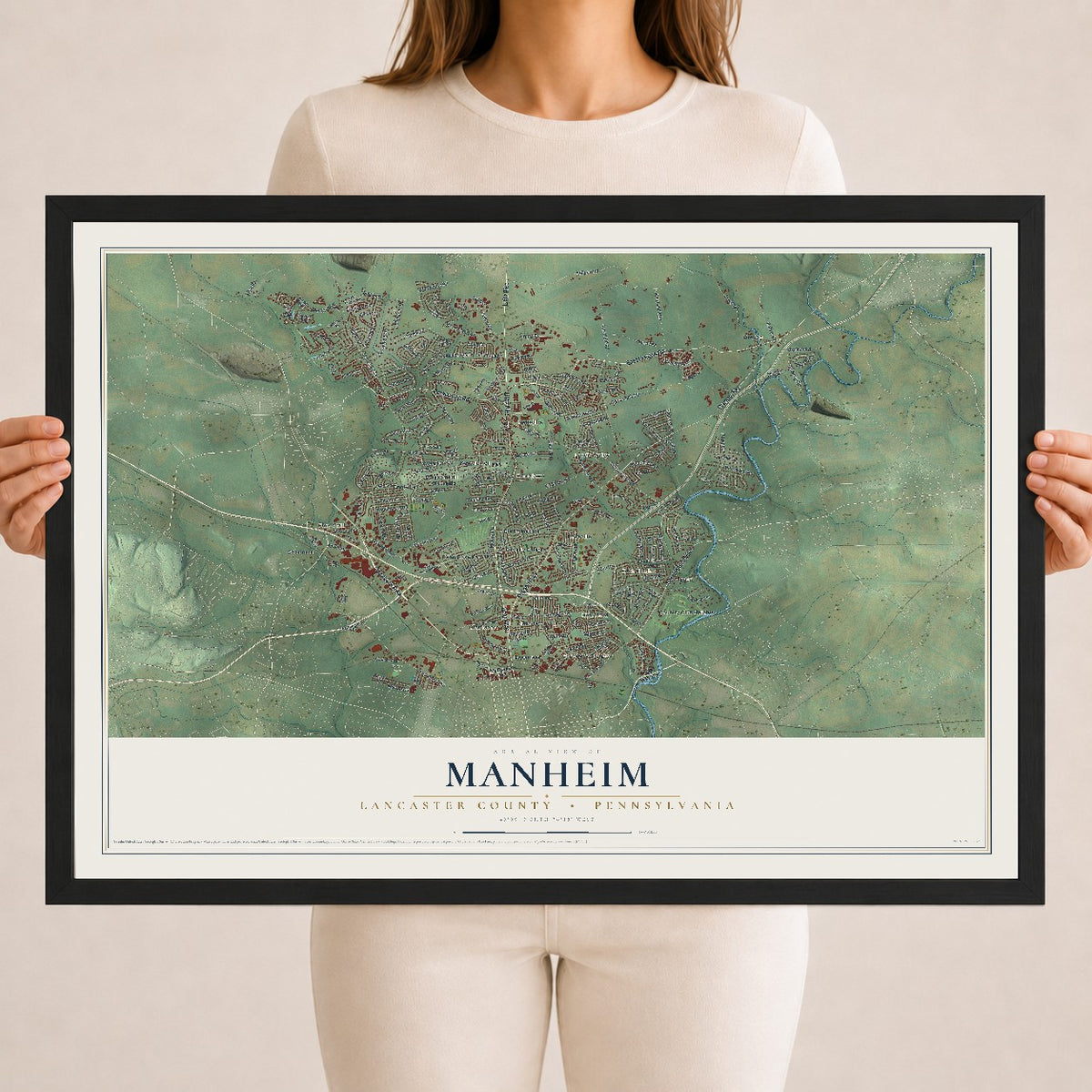 Map of Manheim, Lancaster County, Pennsylvania, 18 x 24 inch print in a black wood frame