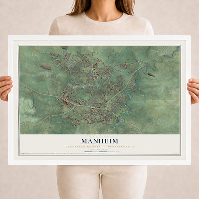 Map of Manheim, Lancaster County, Pennsylvania, 18 x 24 inch print in a white wood frame
