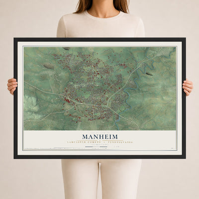 Map of Manheim, Lancaster County, Pennsylvania, 24 x 36 inch print in a black wood frame