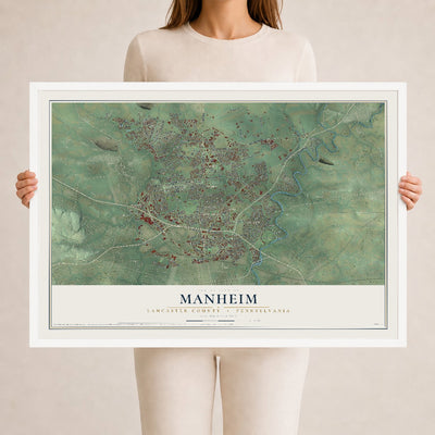 Map of Manheim, Lancaster County, Pennsylvania, 24 x 36 inch print in a white wood frame