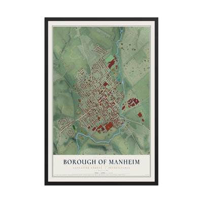 Map of the Borough of Manheim, Lancaster County, Pennsylvania, 12 x 18 inch print in a black wood frame