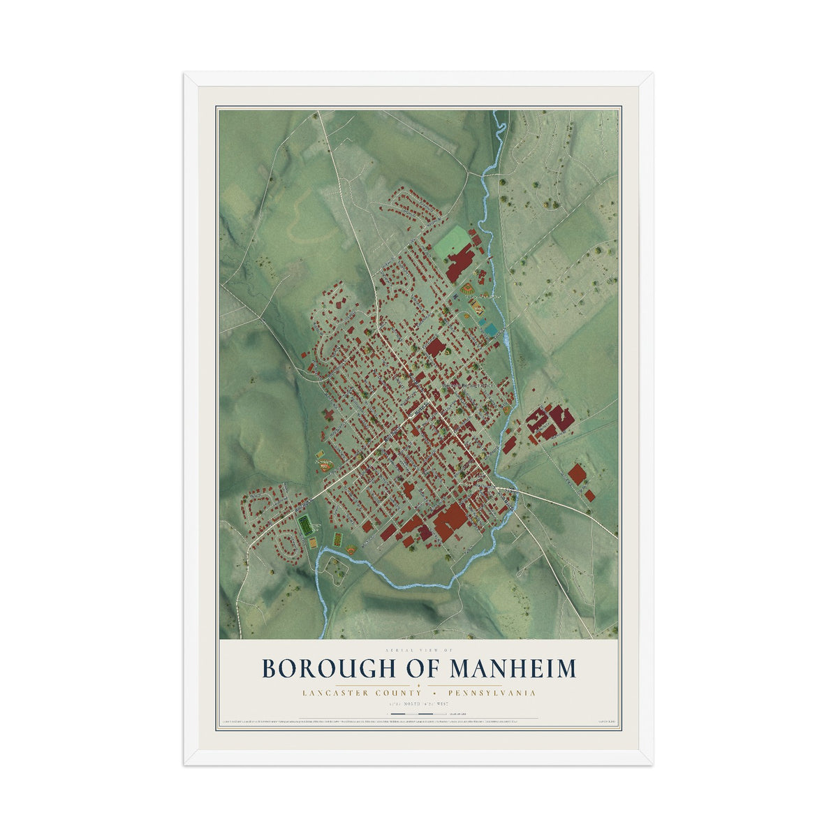 Map of the Borough of Manheim, Lancaster County, Pennsylvania, 12 x 18 inch print in a white wood frame