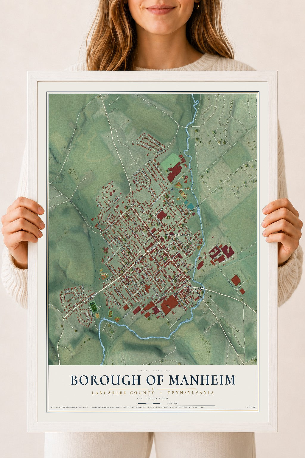 Map of the Borough of Manheim, Lancaster County, Pennsylvania, 18 x 24 inch print in a white wood frame