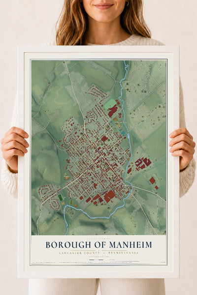 Map of the Borough of Manheim, Lancaster County, Pennsylvania, 18 x 24 inch print in a white wood frame