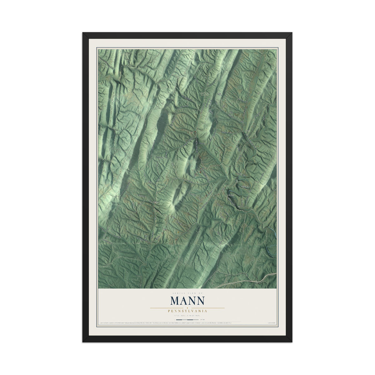 Map of Mann, Pennsylvania, 12 x 18 inch print in a black wood frame