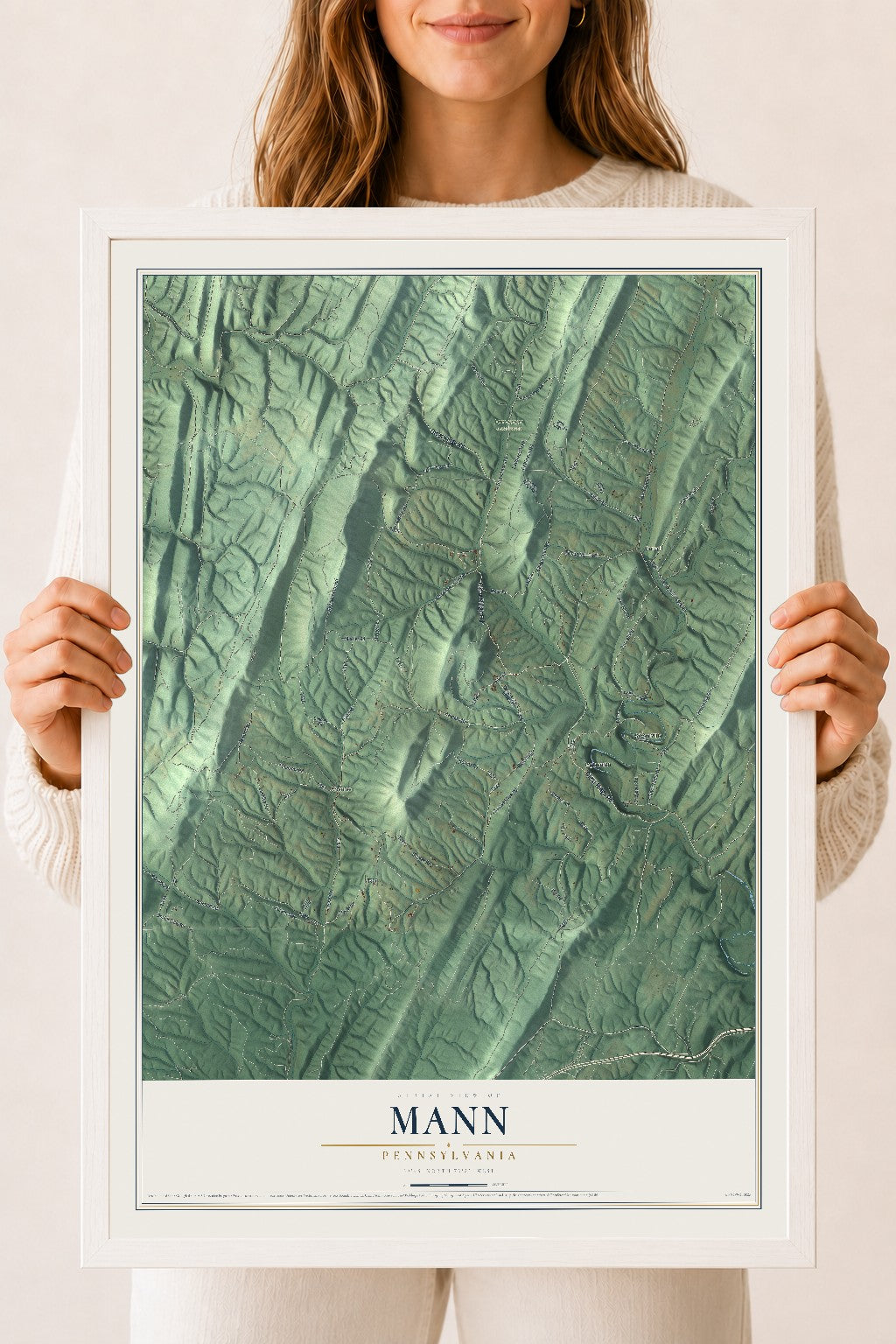 Map of Mann, Pennsylvania, 18 x 24 inch print in a white wood frame