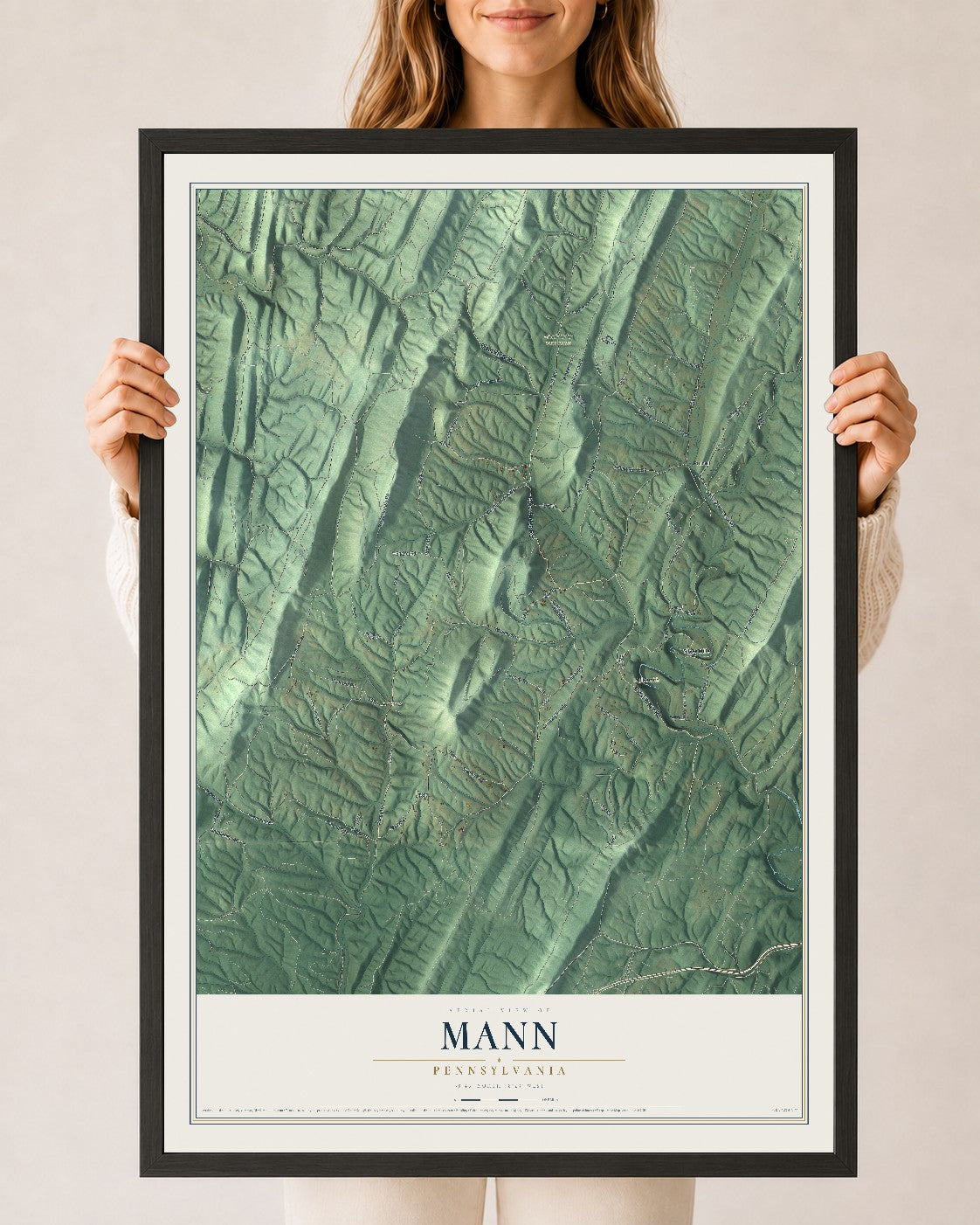 Map of Mann, Pennsylvania, 24 x 36 inch print in a black wood frame