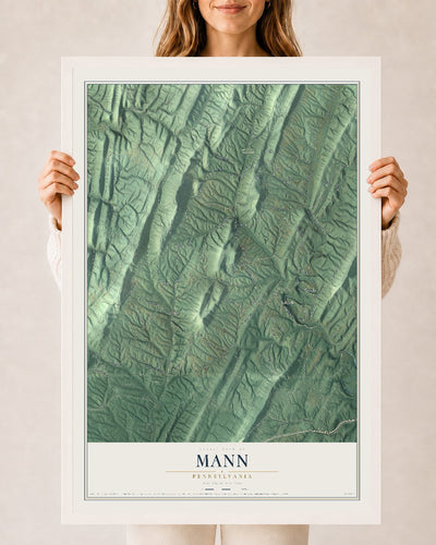 Map of Mann, Pennsylvania, 24 x 36 inch print in a white wood frame