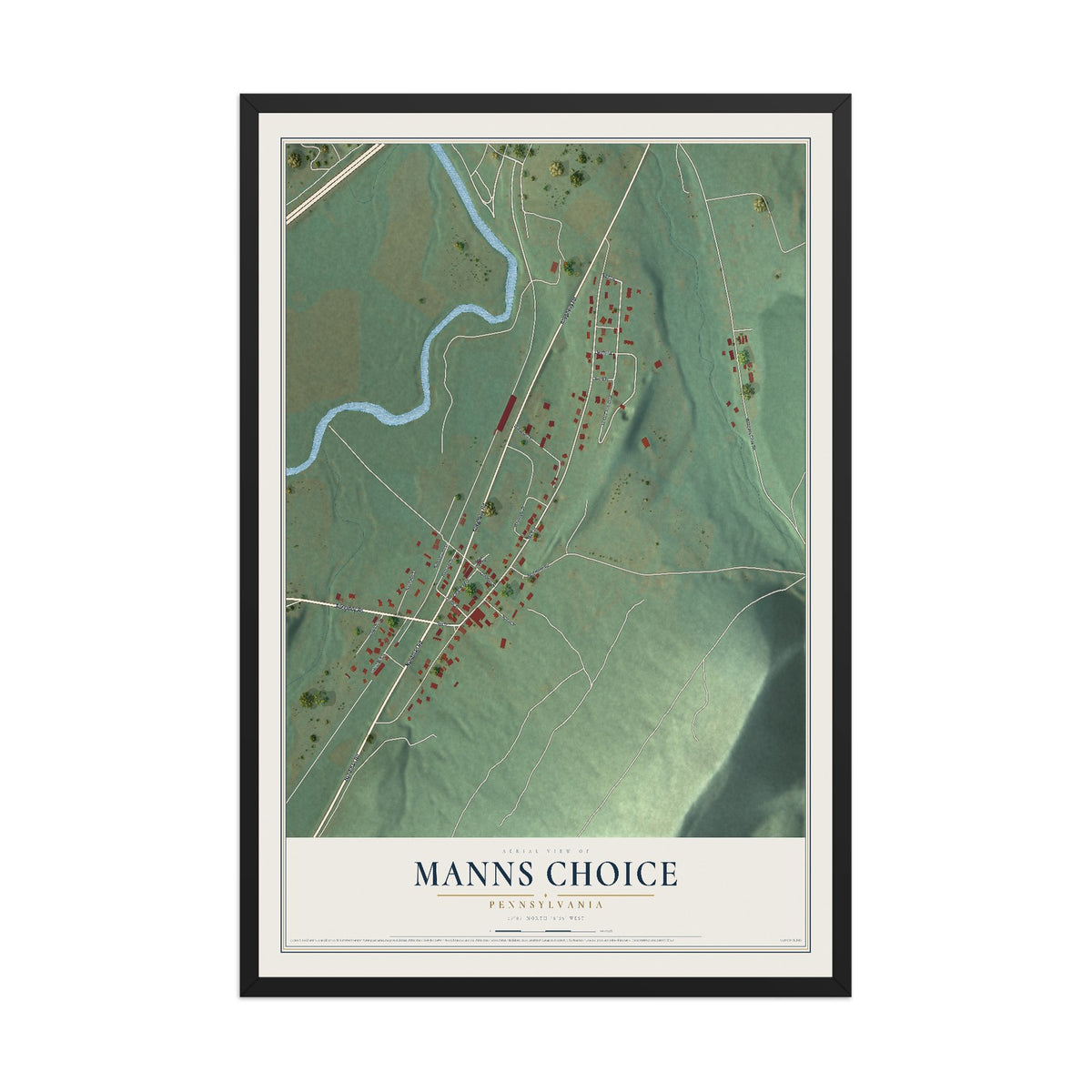 Map of Manns Choice, Pennsylvania, 12 x 18 inch print in a black wood frame