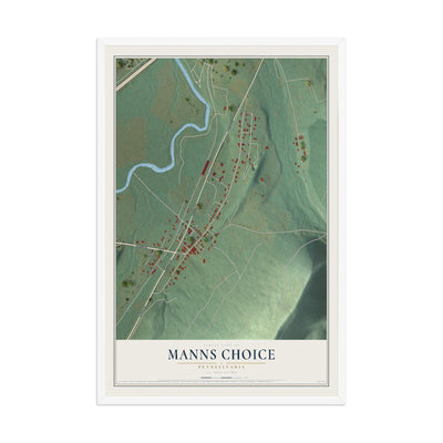 Map of Manns Choice, Pennsylvania, 12 x 18 inch print in a white wood frame