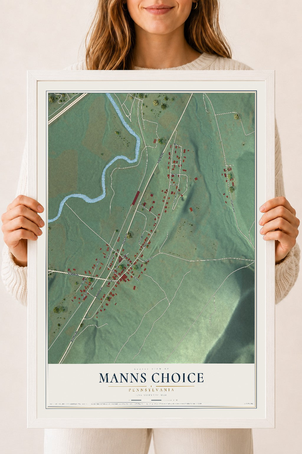 Map of Manns Choice, Pennsylvania, 18 x 24 inch print in a white wood frame