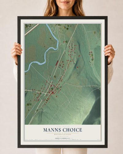 Map of Manns Choice, Pennsylvania, 24 x 36 inch print in a black wood frame