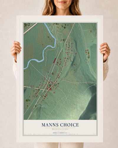 Map of Manns Choice, Pennsylvania, 24 x 36 inch print in a white wood frame