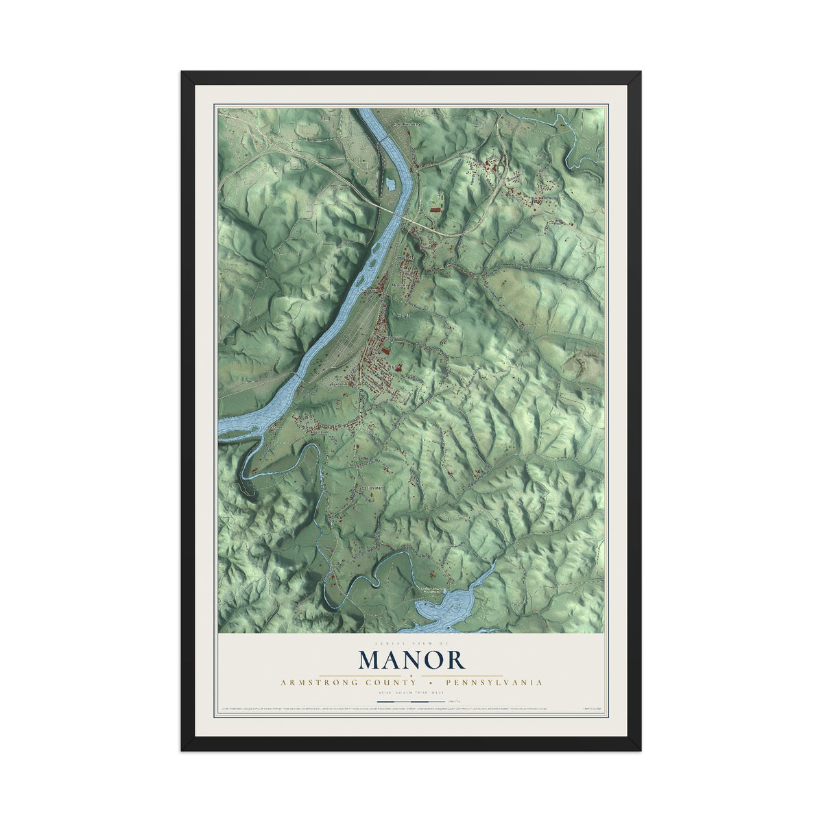 Map of Manor, Armstrong County, Pennsylvania, 12 x 18 inch print in a black wood frame