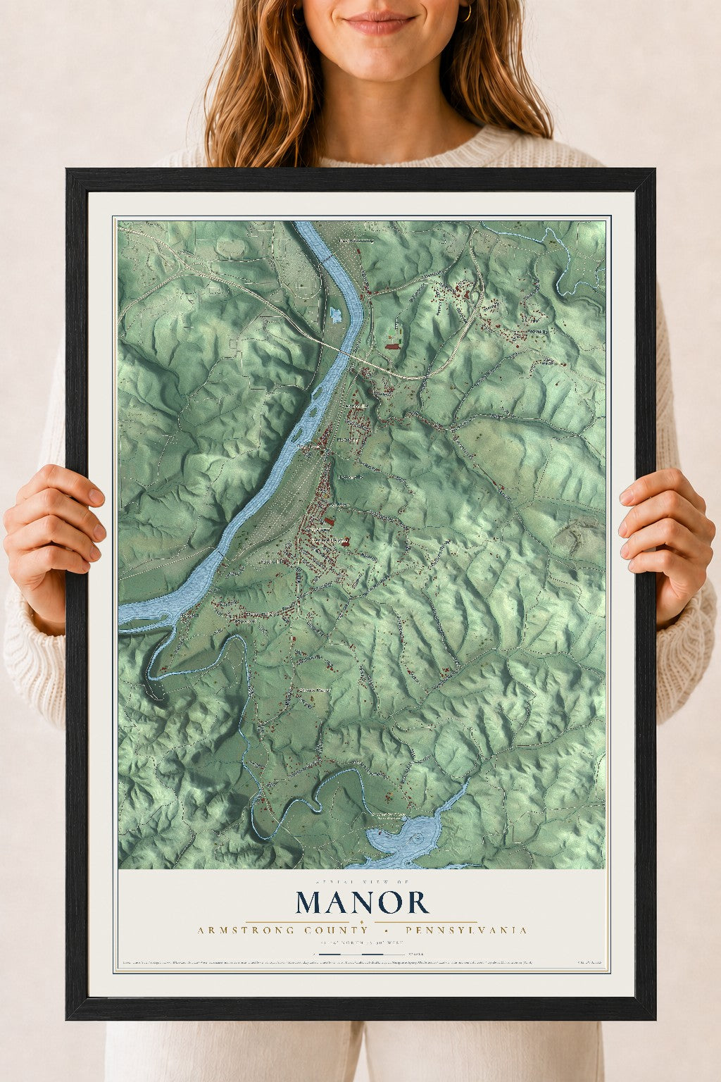 Map of Manor, Armstrong County, Pennsylvania, 18 x 24 inch print in a black wood frame